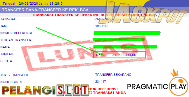 Bukti Kemenangan Member PelangiSlot Pragmatic Play 26 Agustus 2020